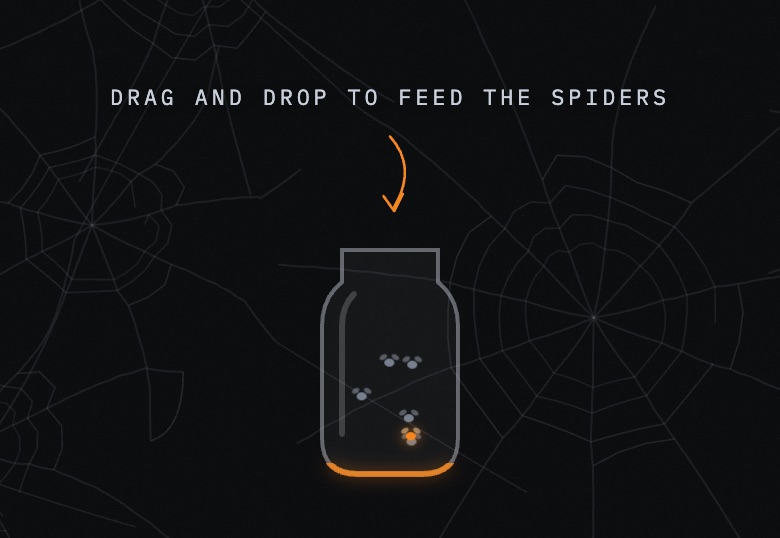 The jar of flies beneath the words 'drag and drop to feed the spiders', an arrow curving from the words to the jar