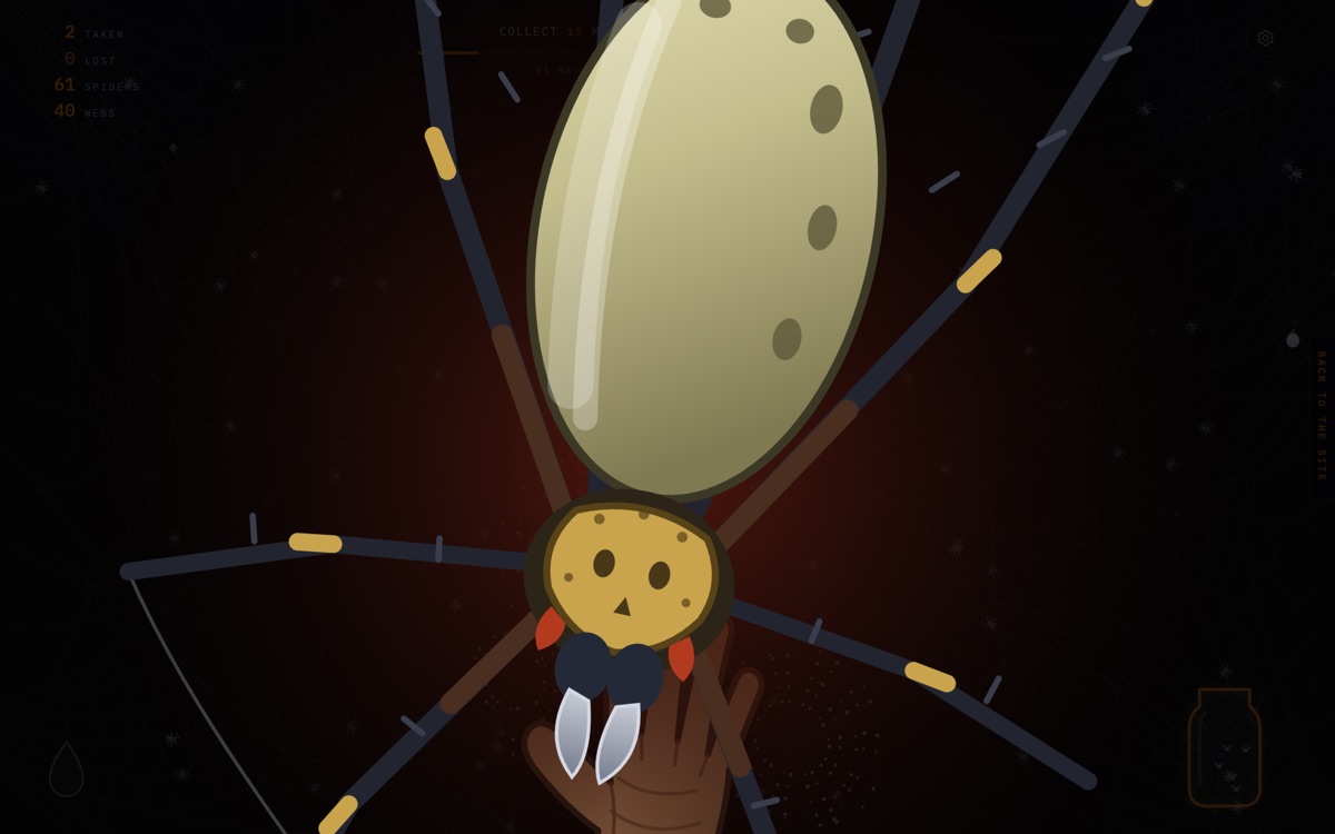 A huge golden orb weaver hurled toward the viewer by a hand rising from the dark