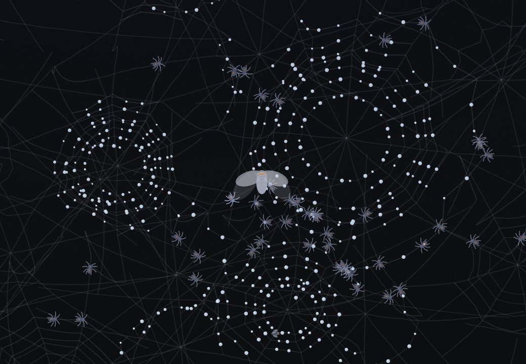The great moth pinned at the center of a dewed web, spiders converging from every strand