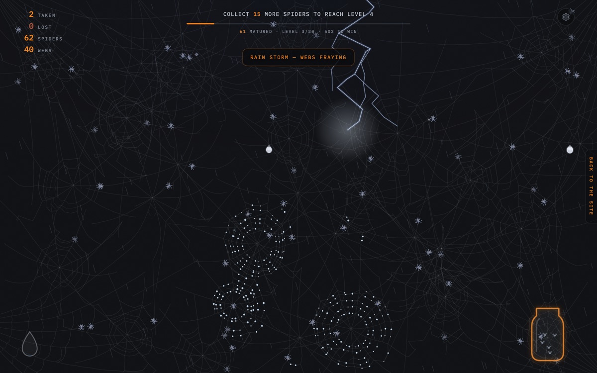 A rain storm over the field, a forked lightning bolt striking a web beneath the banner 'rain storm — webs fraying'